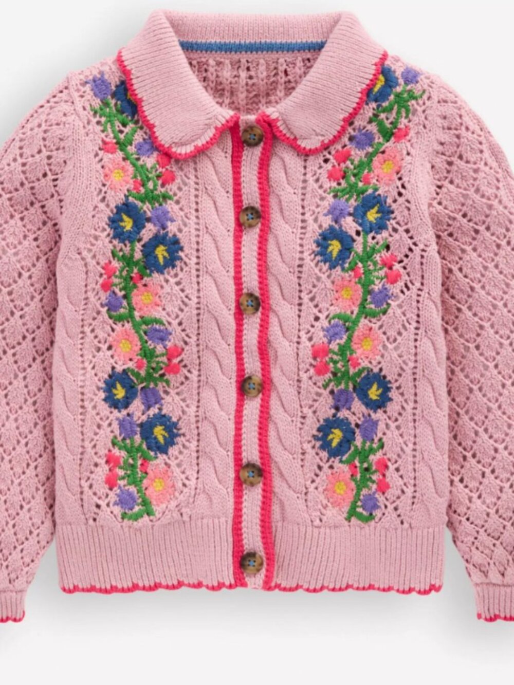 Mini Boden Kids' Cotton Embroidered Cardigan, Vintage Pink
